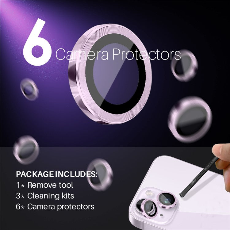 NORTHJO 3 Sets for iPhone 15 / 15 Plus / 14 / 14 Plus Tempered Glass Lens Protector CD Veins Metal Ring Lens Film - Purple