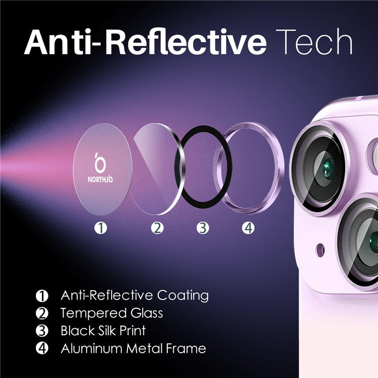 NORTHJO 3 Sets for iPhone 15 / 15 Plus / 14 / 14 Plus Tempered Glass Lens Protector CD Veins Metal Ring Lens Film - Purple