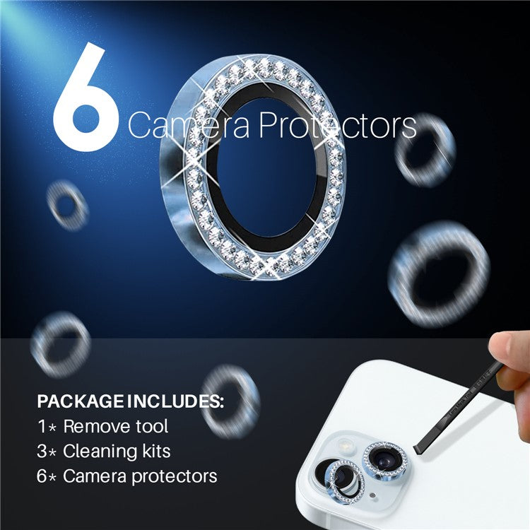 NORTHJO 3 Sets for iPhone 15 / 15 Plus / 14 / 14 Plus Lens Protector Rhinestone Decor Metal+Tempered Glass Lens Film - Blue