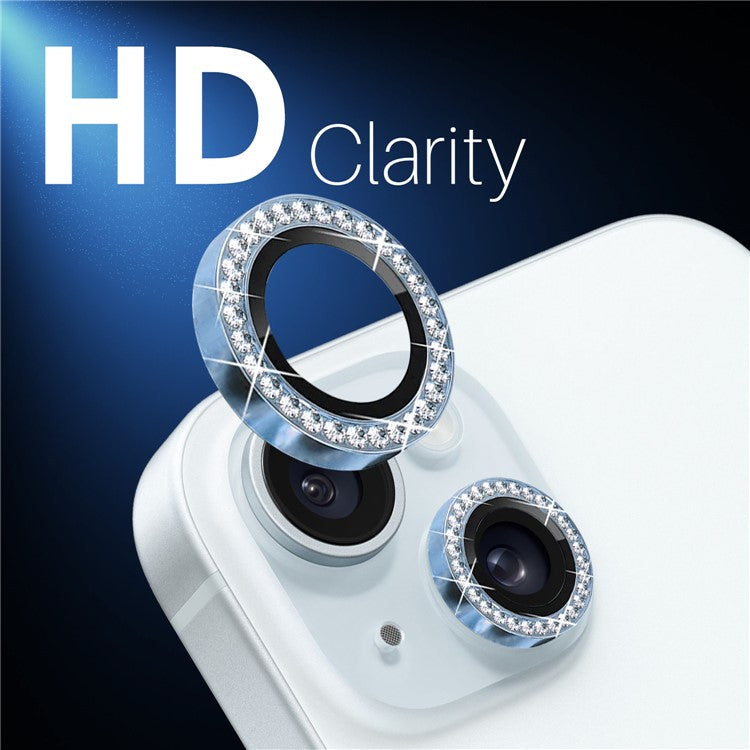 NORTHJO 3 Sets for iPhone 15 / 15 Plus / 14 / 14 Plus Lens Protector Rhinestone Decor Metal+Tempered Glass Lens Film - Blue