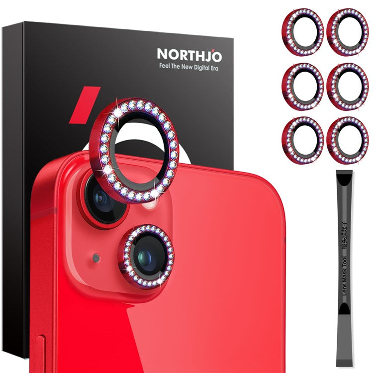 NORTHJO 3 Sets for iPhone 15 / 15 Plus / 14 / 14 Plus Lens Protector Rhinestone Decor Metal+Tempered Glass Lens Film - Red