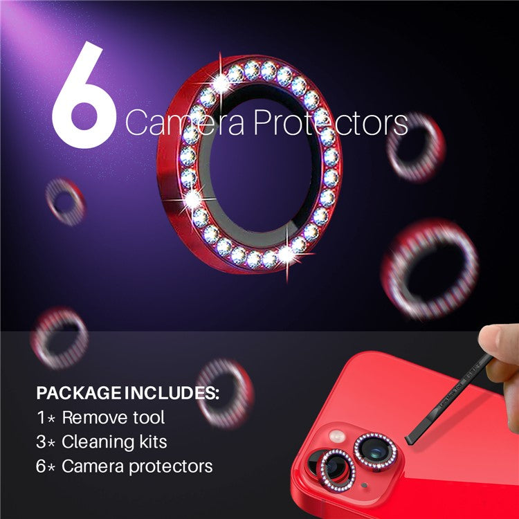 NORTHJO 3 Sets for iPhone 15 / 15 Plus / 14 / 14 Plus Lens Protector Rhinestone Decor Metal+Tempered Glass Lens Film - Red