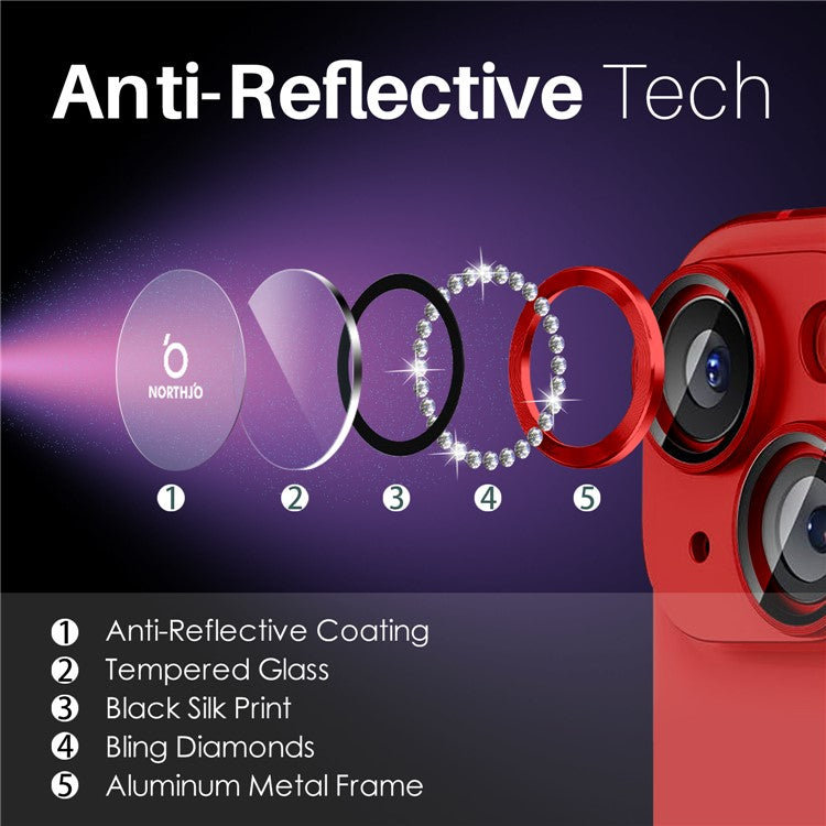 NORTHJO 3 Sets for iPhone 15 / 15 Plus / 14 / 14 Plus Lens Protector Rhinestone Decor Metal+Tempered Glass Lens Film - Red