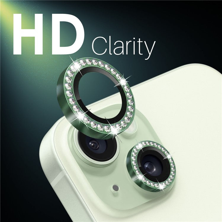 NORTHJO 3 Sets for iPhone 15 / 15 Plus / 14 / 14 Plus Lens Protector Rhinestone Decor Metal+Tempered Glass Lens Film - Green