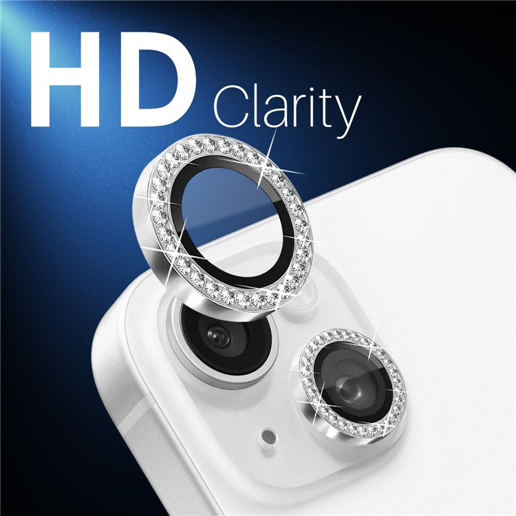 NORTHJO 3 Sets for iPhone 15 / 15 Plus / 14 / 14 Plus Lens Protector Rhinestone Decor Metal+Tempered Glass Lens Film - Silver