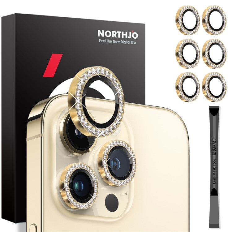 NORTHJO 2 Sets for iPhone 15 Pro / 15 Pro Max / 14 Pro / 14 Pro Max Lens Protector Rhinestone Ring Tempered Glass Lens Film - Gold