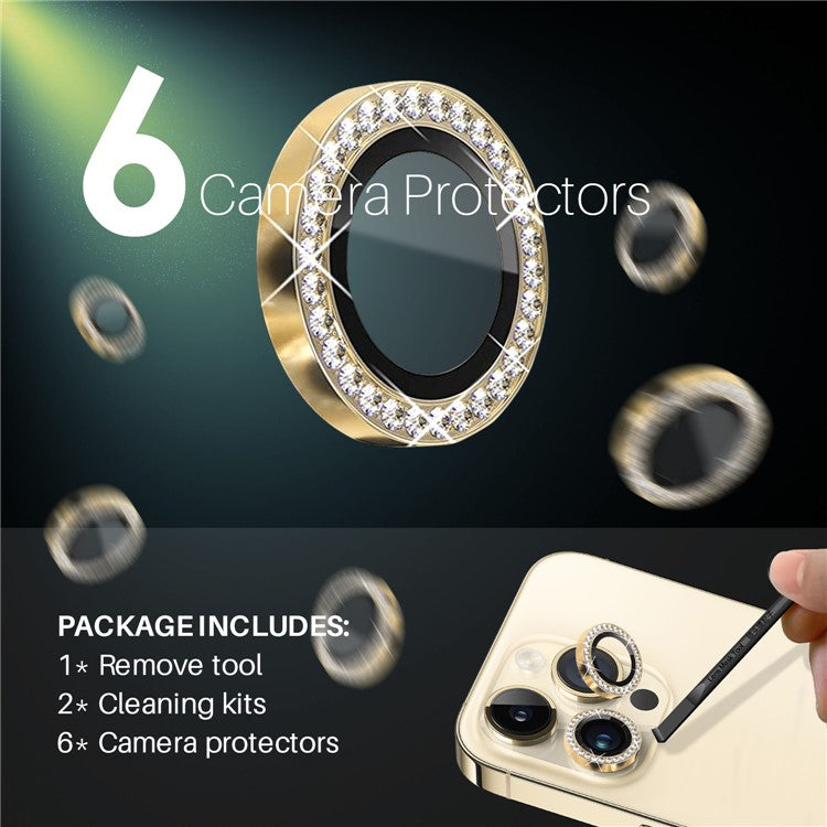 NORTHJO 2 Sets for iPhone 15 Pro / 15 Pro Max / 14 Pro / 14 Pro Max Lens Protector Rhinestone Ring Tempered Glass Lens Film - Gold