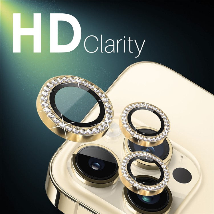 NORTHJO 2 Sets for iPhone 15 Pro / 15 Pro Max / 14 Pro / 14 Pro Max Lens Protector Rhinestone Ring Tempered Glass Lens Film - Gold