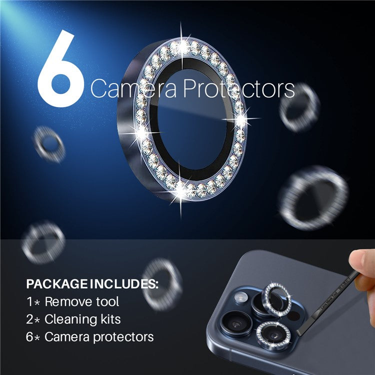 NORTHJO 2 Sets for iPhone 15 Pro / 15 Pro Max / 14 Pro / 14 Pro Max Lens Protector Rhinestone Ring Tempered Glass Lens Film - Blue