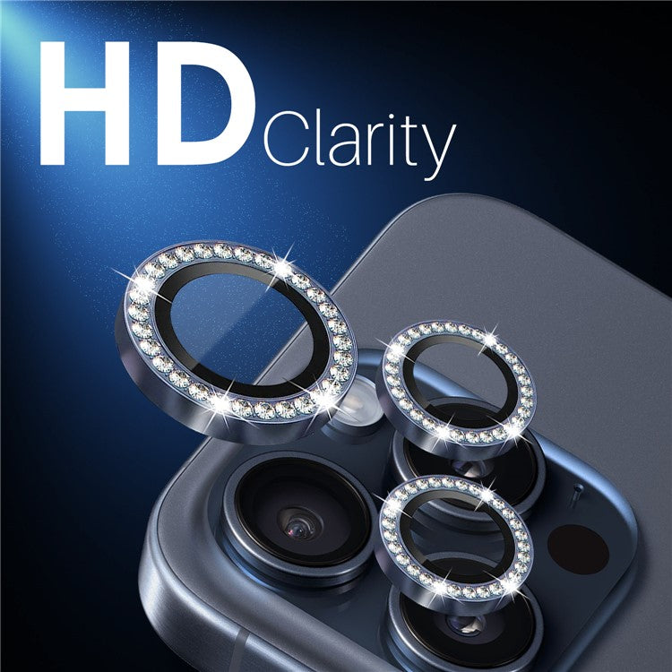 NORTHJO 2 Sets for iPhone 15 Pro / 15 Pro Max / 14 Pro / 14 Pro Max Lens Protector Rhinestone Ring Tempered Glass Lens Film - Blue