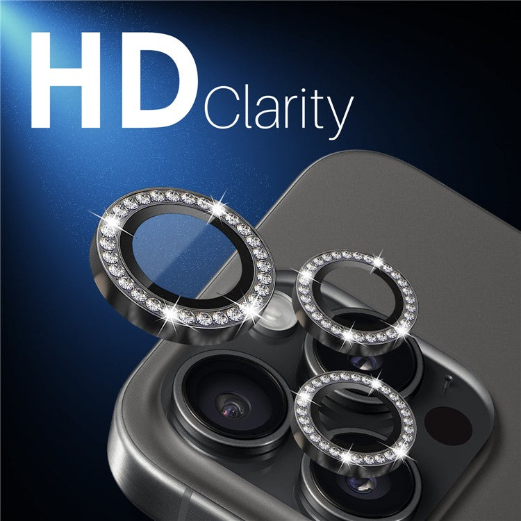 NORTHJO 2 Sets for iPhone 15 Pro / 15 Pro Max / 14 Pro / 14 Pro Max Lens Protector Rhinestone Ring Tempered Glass Lens Film - Graphite