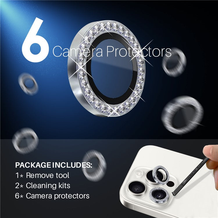 NORTHJO 2 Sets for iPhone 15 Pro / 15 Pro Max / 14 Pro / 14 Pro Max Lens Protector Rhinestone Ring Tempered Glass Lens Film - Silver