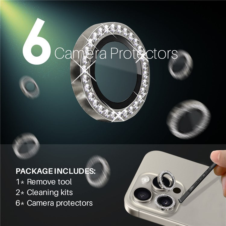 NORTHJO 2 Sets for iPhone 15 Pro / 15 Pro Max / 14 Pro / 14 Pro Max Lens Protector Rhinestone Ring Tempered Glass Lens Film - Natural