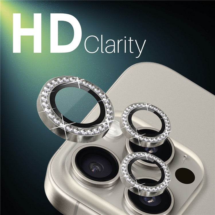 NORTHJO 2 Sets for iPhone 15 Pro / 15 Pro Max / 14 Pro / 14 Pro Max Lens Protector Rhinestone Ring Tempered Glass Lens Film - Natural