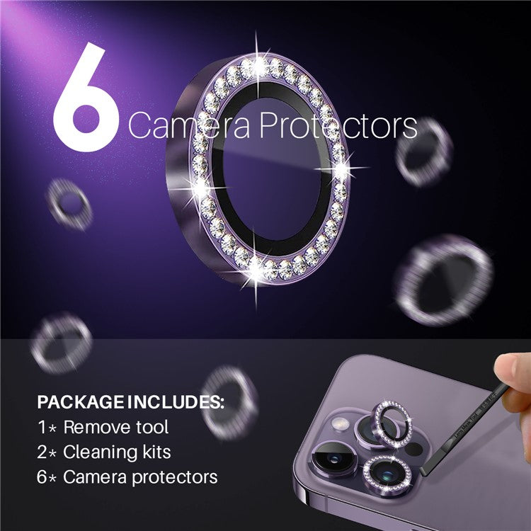 NORTHJO 2 Sets for iPhone 15 Pro / 15 Pro Max / 14 Pro / 14 Pro Max Lens Protector Rhinestone Ring Tempered Glass Lens Film - Purple