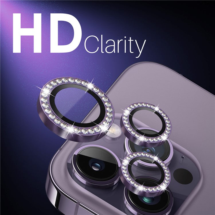 NORTHJO 2 Sets for iPhone 15 Pro / 15 Pro Max / 14 Pro / 14 Pro Max Lens Protector Rhinestone Ring Tempered Glass Lens Film - Purple