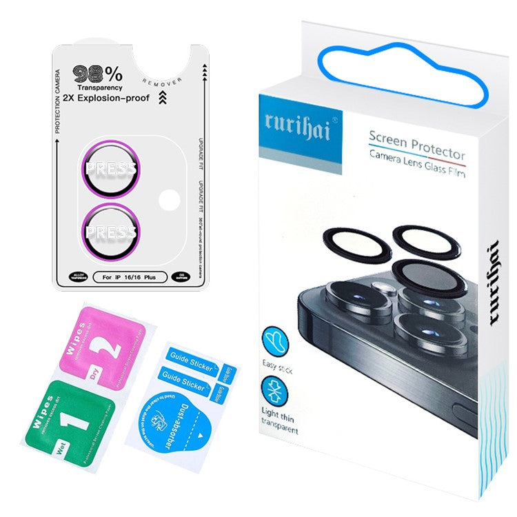 RURIHAI For iPhone 16 / 16 Plus Camera Lens Film Titanium Alloy Ring+Tempered Glass Lens Protector - Pink