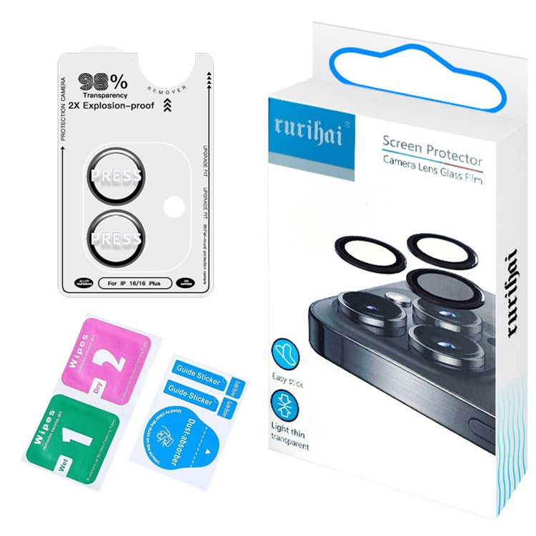 RURIHAI For iPhone 16 / 16 Plus Camera Lens Film Titanium Alloy Ring+Tempered Glass Lens Protector - Black