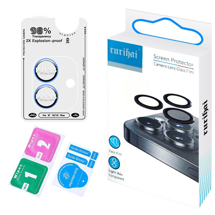 RURIHAI For iPhone 16 / 16 Plus Camera Lens Film Titanium Alloy Ring+Tempered Glass Lens Protector - Blue