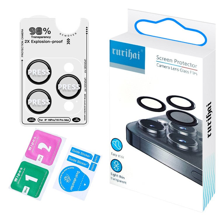 RURIHAI For iPhone 16 Pro  /  16 Pro Max Tempered Glass AR Camera Lens Protector with Titanium Alloy Ring - Black