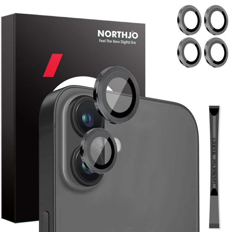 NORTHJO 2 Sets for iPhone 16 / 16 Plus Camera Lens Protector CD Veins Metal Ring Tempered Glass Lens Guard - Black