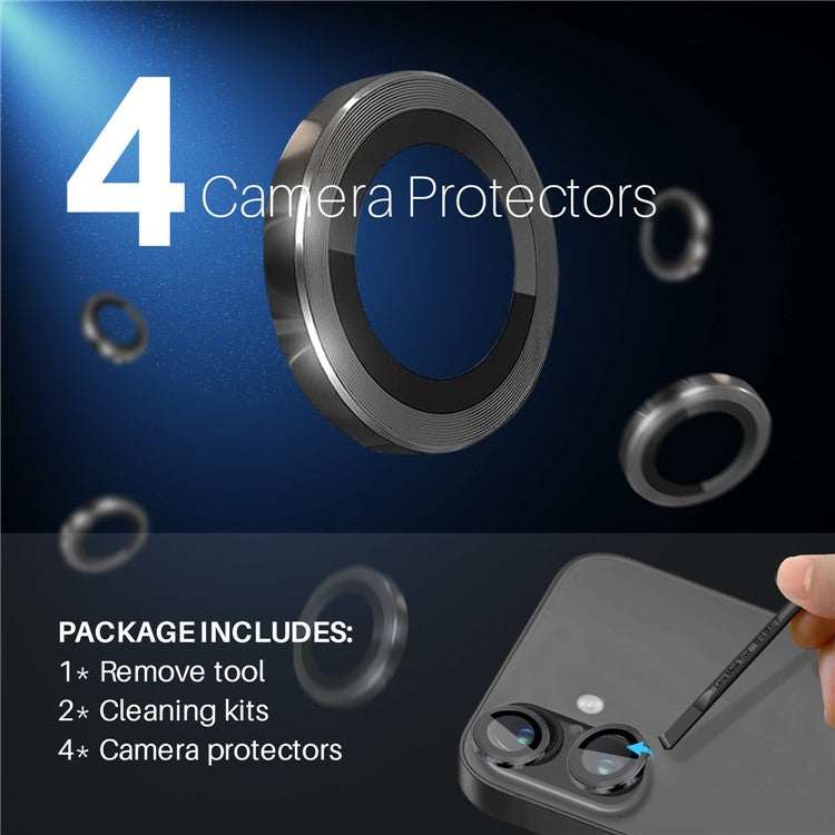 NORTHJO 2 Sets for iPhone 16 / 16 Plus Camera Lens Protector CD Veins Metal Ring Tempered Glass Lens Guard - Black