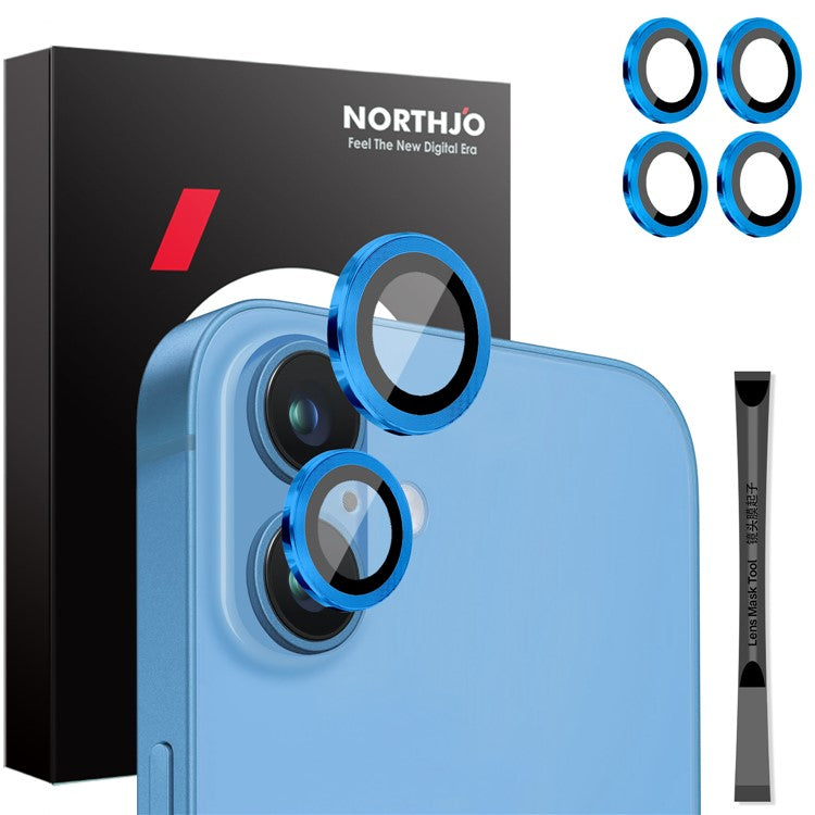 NORTHJO 2 Sets for iPhone 16 / 16 Plus Camera Lens Protector CD Veins Metal Ring Tempered Glass Lens Guard - Blue