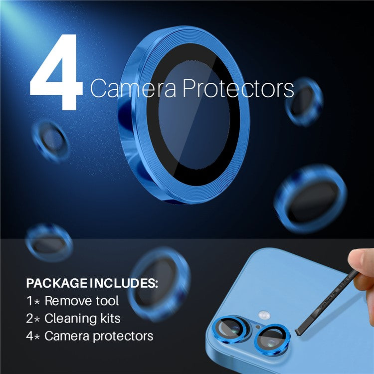 NORTHJO 2 Sets for iPhone 16 / 16 Plus Camera Lens Protector CD Veins Metal Ring Tempered Glass Lens Guard - Blue