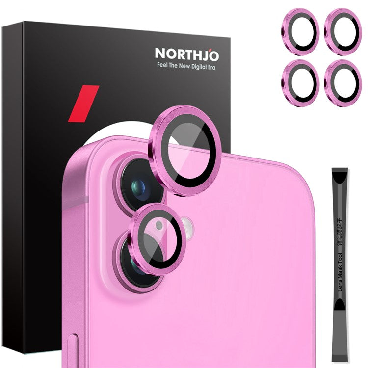 NORTHJO 2 Sets for iPhone 16 / 16 Plus Camera Lens Protector CD Veins Metal Ring Tempered Glass Lens Guard - Rose