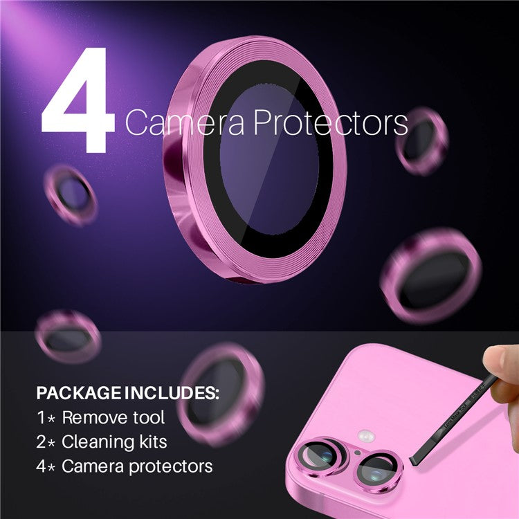 NORTHJO 2 Sets for iPhone 16 / 16 Plus Camera Lens Protector CD Veins Metal Ring Tempered Glass Lens Guard - Rose