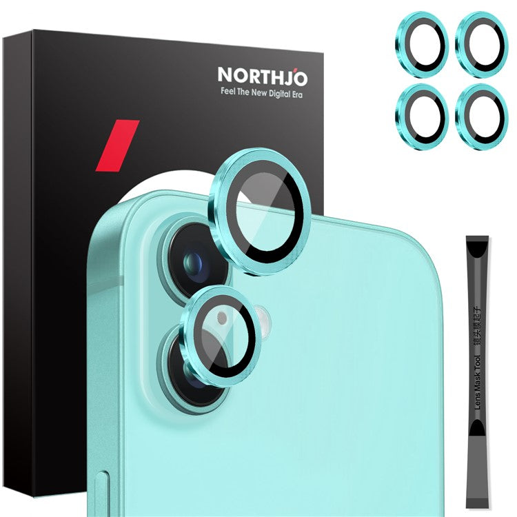 NORTHJO 2 Sets for iPhone 16 / 16 Plus Camera Lens Protector CD Veins Metal Ring Tempered Glass Lens Guard - Cyan