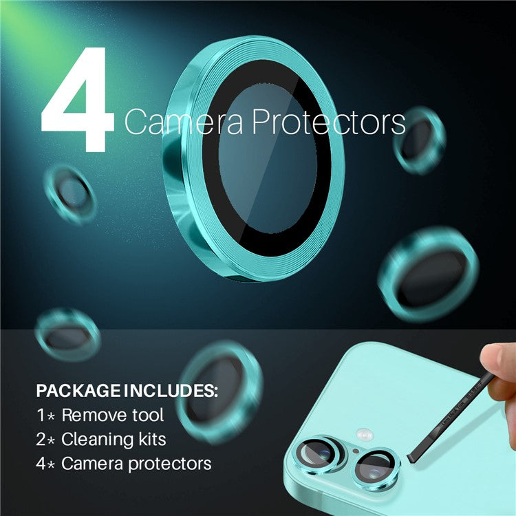 NORTHJO 2 Sets for iPhone 16 / 16 Plus Camera Lens Protector CD Veins Metal Ring Tempered Glass Lens Guard - Cyan