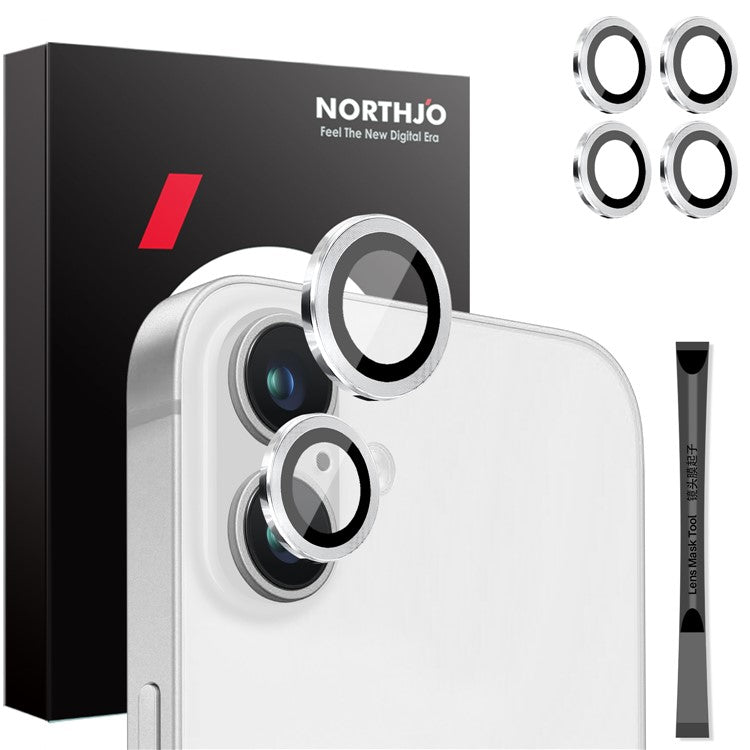 NORTHJO 2 Sets for iPhone 16 / 16 Plus Camera Lens Protector CD Veins Metal Ring Tempered Glass Lens Guard - Silver