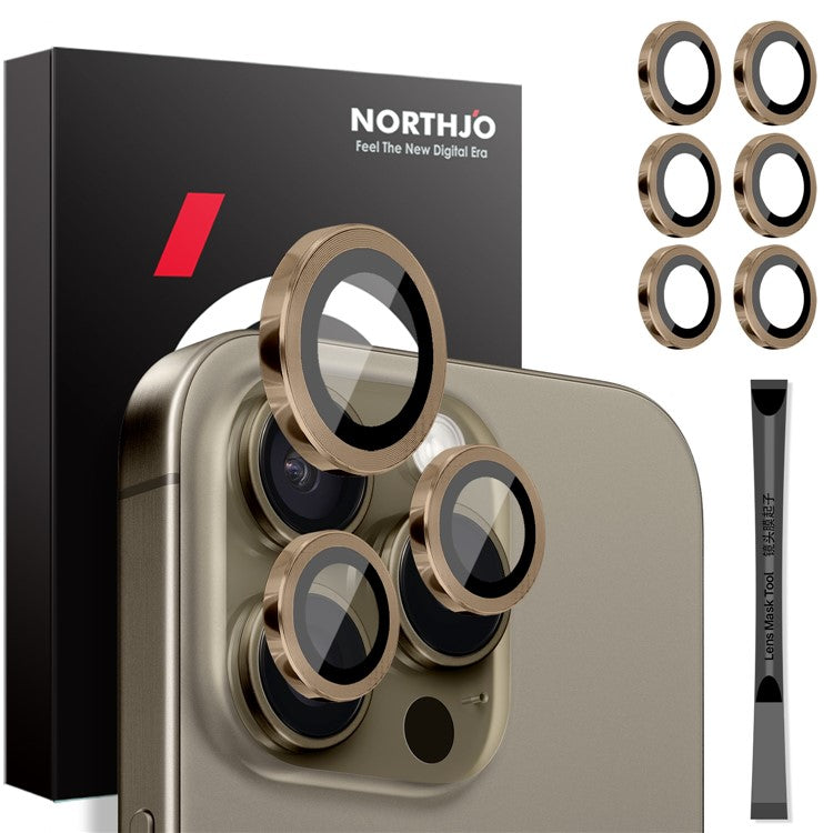 NORTHJO 2 Sets for iPhone 16 Pro / 16 Pro Max Tempered Glass Camera Lens Film CD Veins Metal Ring Lens Guard - Brown