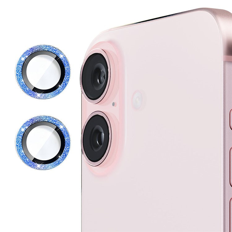 ENKAY HAT PRINCE 1Set For iPhone 16 / 16 Plus Camera Lens Film Glitter Metal Ring Lens Protector - Blue