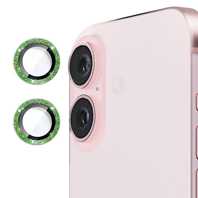 ENKAY HAT PRINCE 1Set For iPhone 16 / 16 Plus Camera Lens Film Glitter Metal Ring Lens Protector - Blackish Green