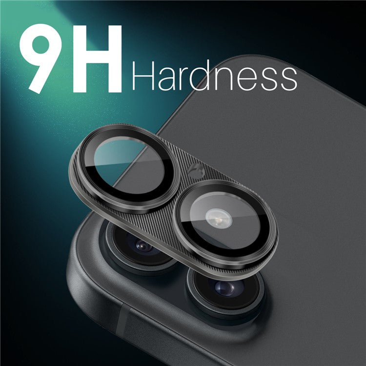 NORTHJO For iPhone 16 Plus / 16 Integrated Camera Lens Protector CD Vein Metal Frame + Tempered Glass Lens Film - Black