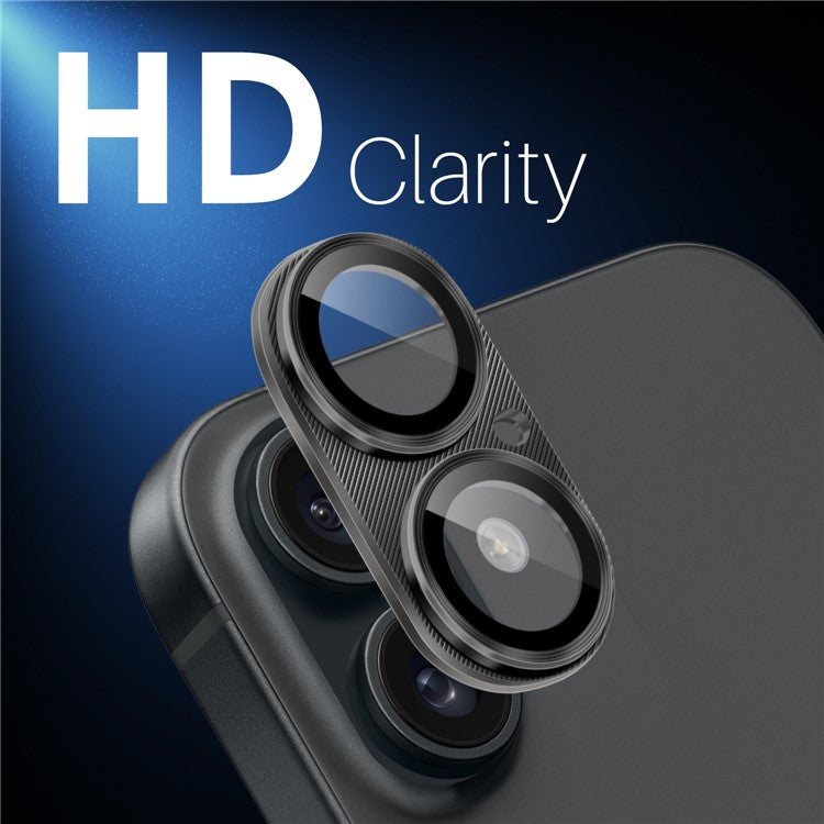 NORTHJO For iPhone 16 Plus / 16 Integrated Camera Lens Protector CD Vein Metal Frame + Tempered Glass Lens Film - Black