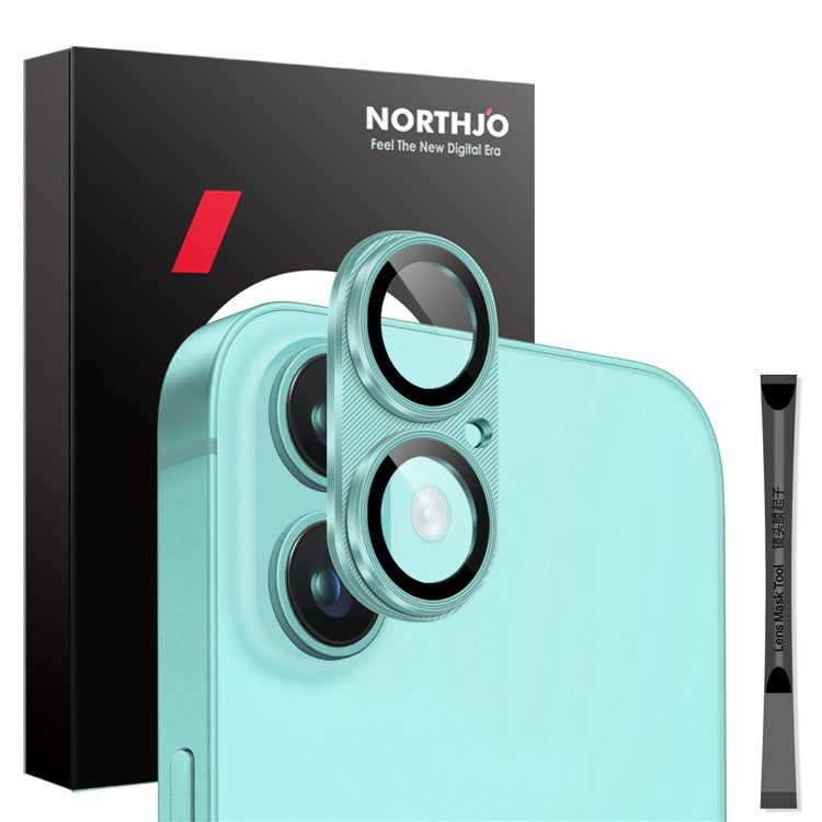 NORTHJO For iPhone 16 Plus / 16 Integrated Camera Lens Protector CD Vein Metal Frame + Tempered Glass Lens Film - Cyan