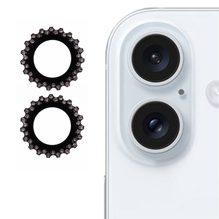 2Pcs / Set For iPhone 16 / 16 Plus Camera Lens Protector Gear Shape Rhinestone Decor Corning Gorilla Glass Lens Film - Black