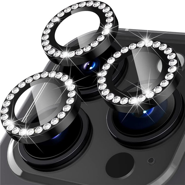 1Set For iPhone 16 Pro / 16 Pro Max Camera Lens Protector Tempered Glass+Metal Ring Rhinestone Lens Film - Black