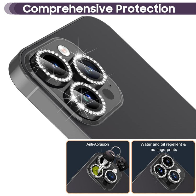 1Set For iPhone 16 Pro / 16 Pro Max Camera Lens Protector Tempered Glass+Metal Ring Rhinestone Lens Film - Black