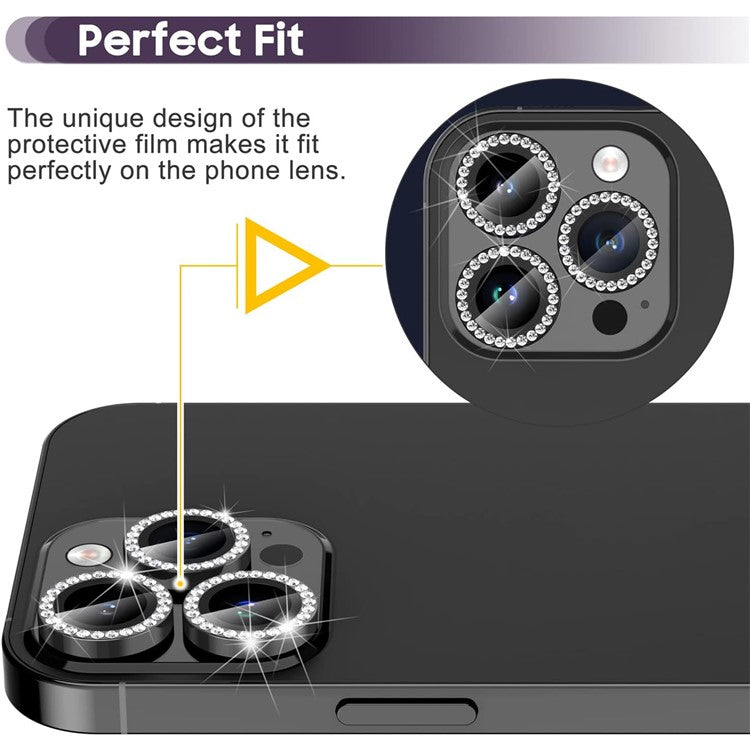 1Set For iPhone 16 Pro / 16 Pro Max Camera Lens Protector Tempered Glass+Metal Ring Rhinestone Lens Film - Black