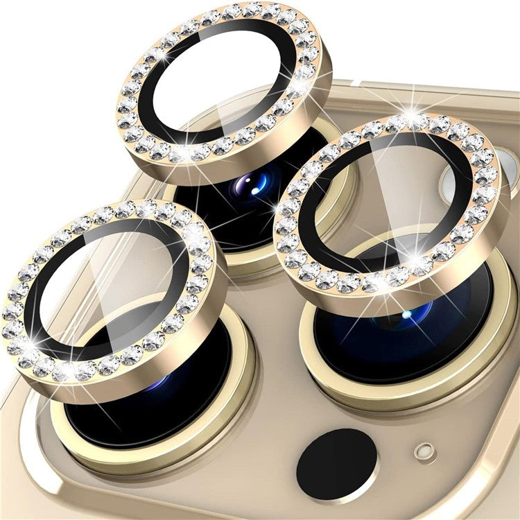 1Set For iPhone 16 Pro / 16 Pro Max Camera Lens Protector Tempered Glass+Metal Ring Rhinestone Lens Film - Gold