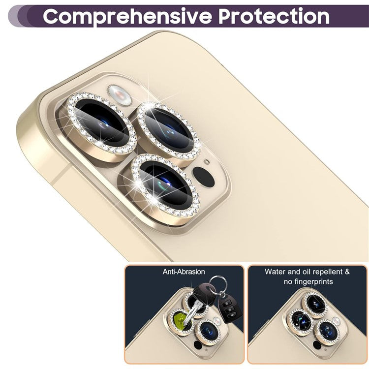 1Set For iPhone 16 Pro / 16 Pro Max Camera Lens Protector Tempered Glass+Metal Ring Rhinestone Lens Film - Gold