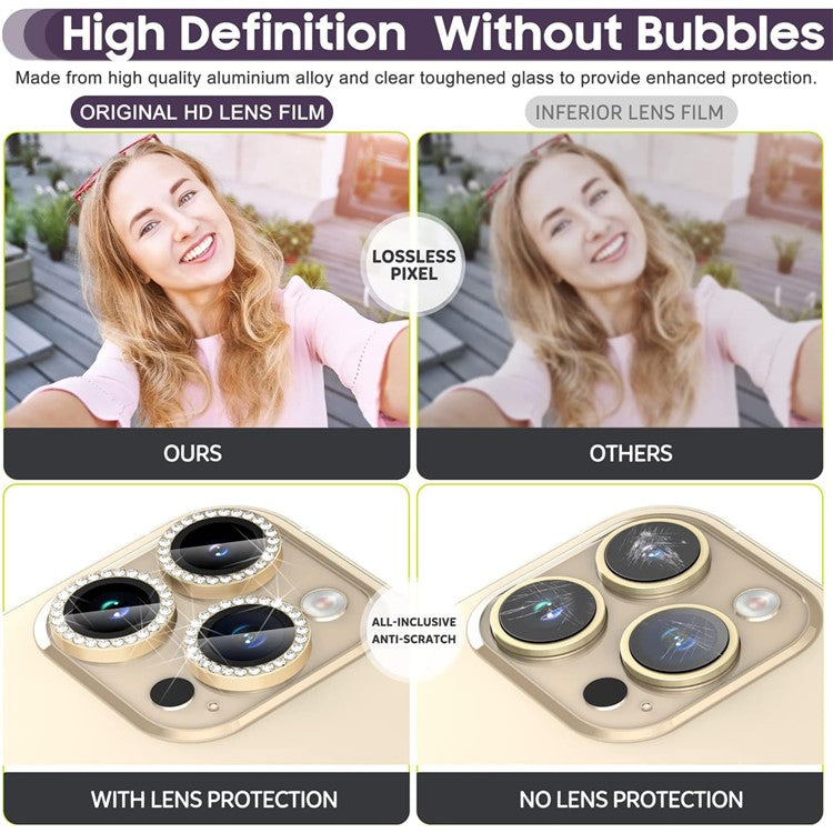 1Set For iPhone 16 Pro / 16 Pro Max Camera Lens Protector Tempered Glass+Metal Ring Rhinestone Lens Film - Gold