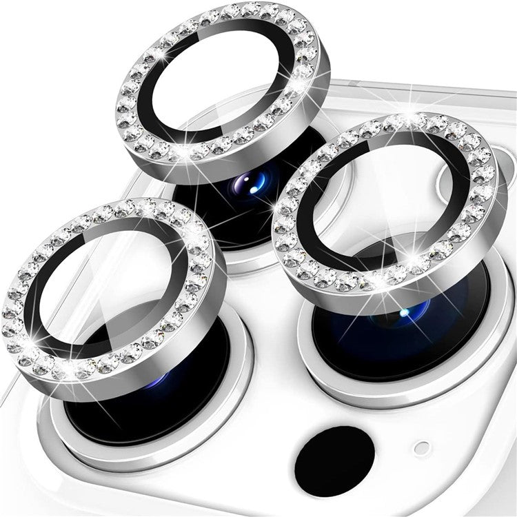 1Set For iPhone 16 Pro / 16 Pro Max Camera Lens Protector Tempered Glass+Metal Ring Rhinestone Lens Film - Silver