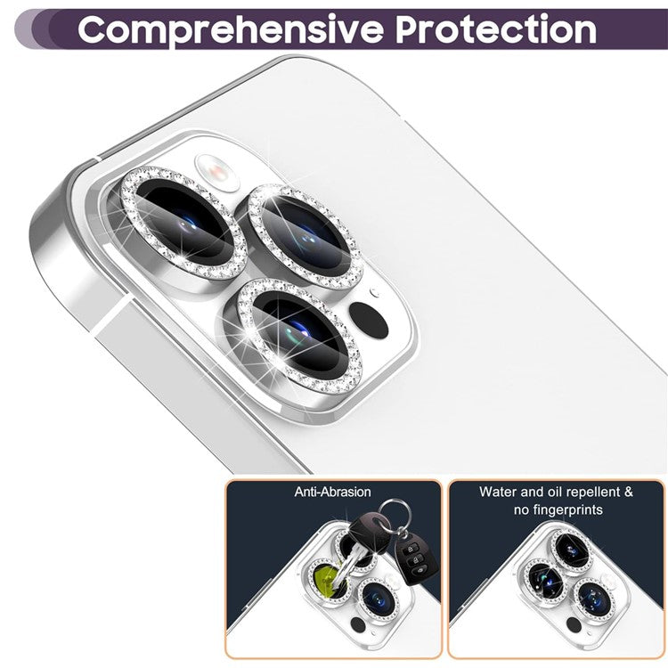 1Set For iPhone 16 Pro / 16 Pro Max Camera Lens Protector Tempered Glass+Metal Ring Rhinestone Lens Film - Silver