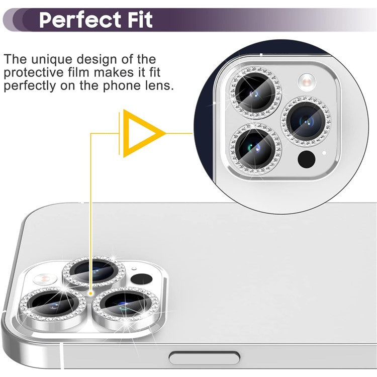 1Set For iPhone 16 Pro / 16 Pro Max Camera Lens Protector Tempered Glass+Metal Ring Rhinestone Lens Film - Silver