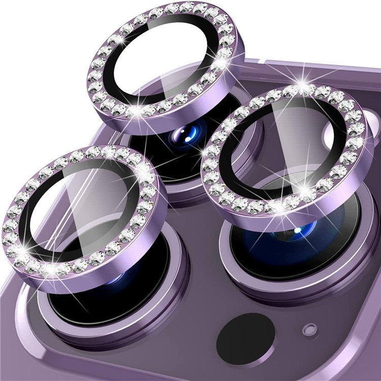 1Set For iPhone 16 Pro / 16 Pro Max Camera Lens Protector Tempered Glass+Metal Ring Rhinestone Lens Film - Purple